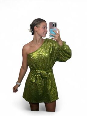 Collective The Label Petite Size 8 Green Sequin Cocktail One-Shoulder Mini Dress